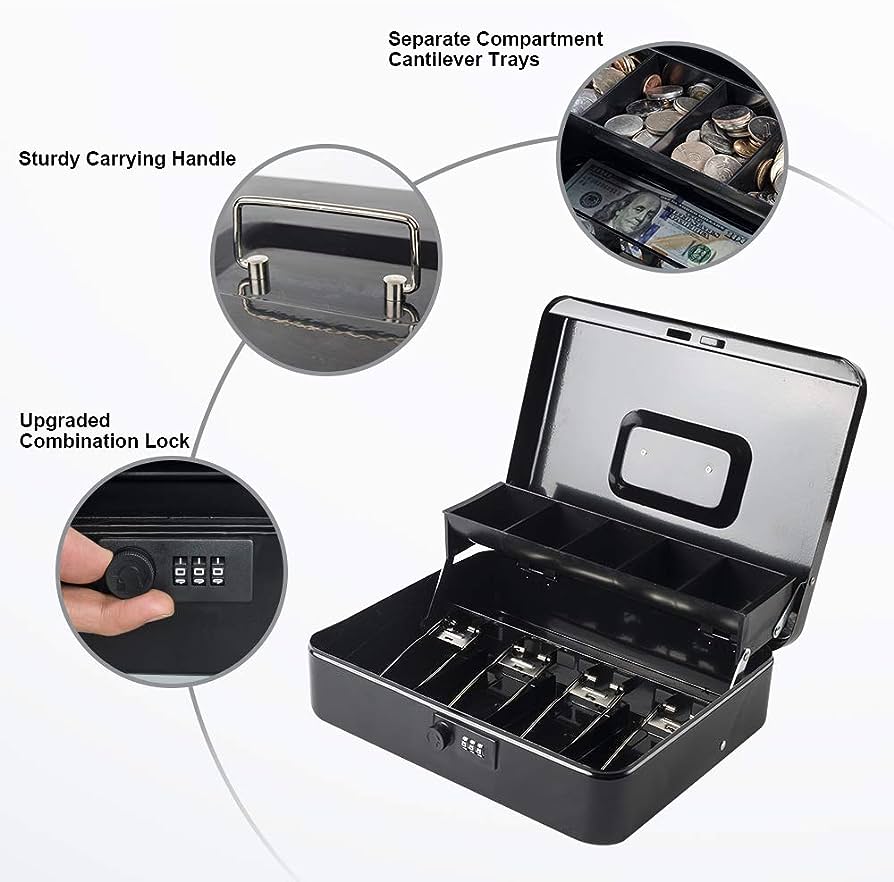 Large Metal Cash Safe Box with Money Tray - Medaid International
