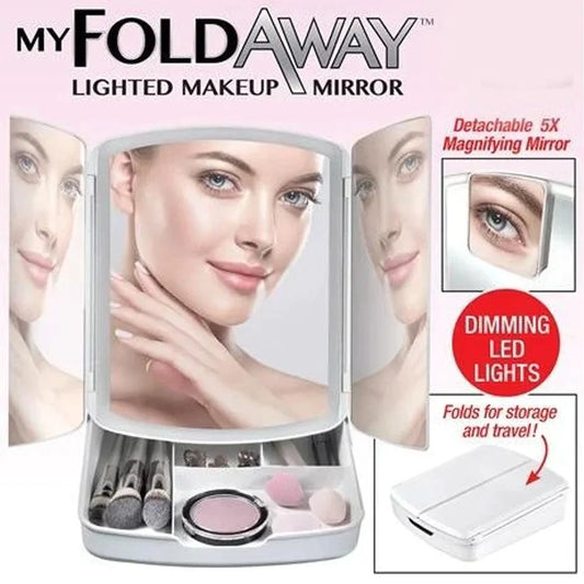 My Fold Away Vanity Mirror With Led & Makeup Storage - Medaid International