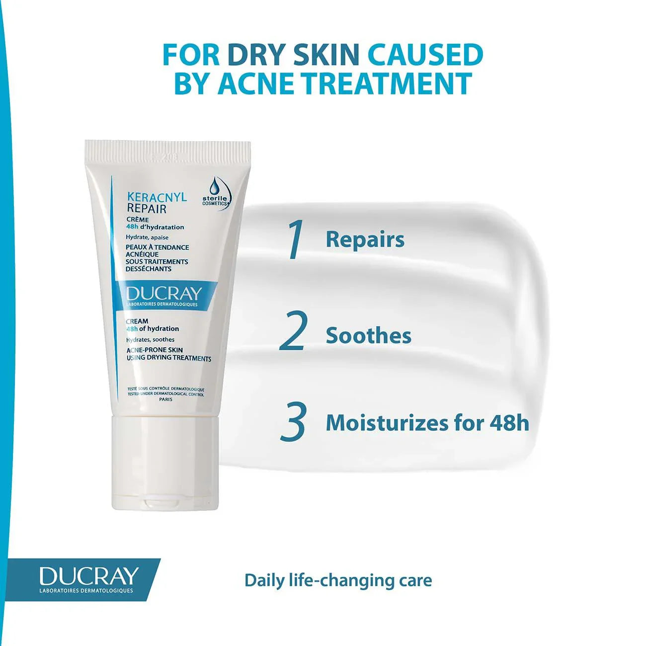 DUCRAY Keracnyl Repair Cream 48H of Hydration - Acne-Prone Skin Using Drying Treatments - Medaid International