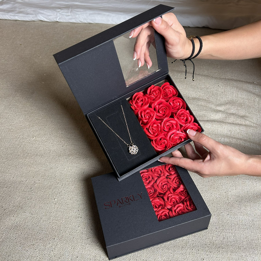 12 Eternal Roses Jewelry Gift Box + Magnetic Four Heart Necklace - Medaid International