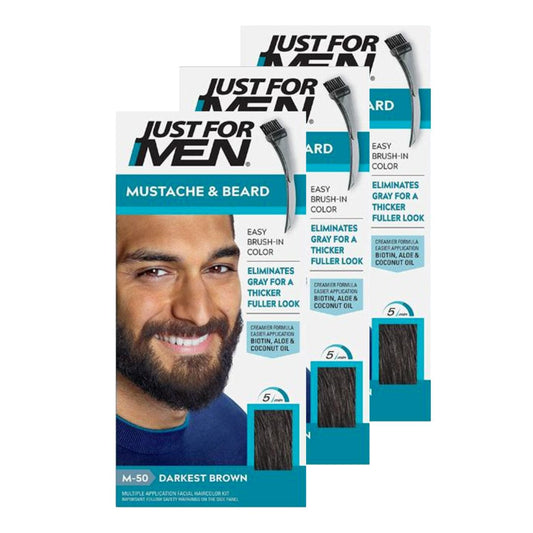 Just For Men x 3 Brush-In Color Gel Moustache & Beard Gel Darkest Brown M-50 - Medaid