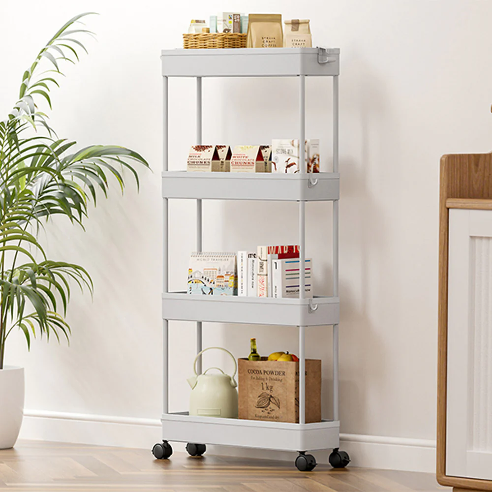 Multifunctional Floor Storage Shelves Rack Organiser with Wheels 4-Layer White - Medaid International