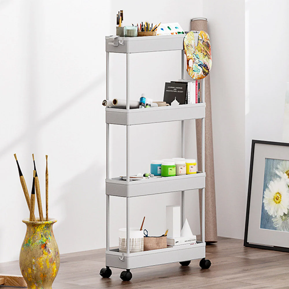 Multifunctional Floor Storage Shelves Rack Organiser with Wheels 4-Layer White - Medaid International
