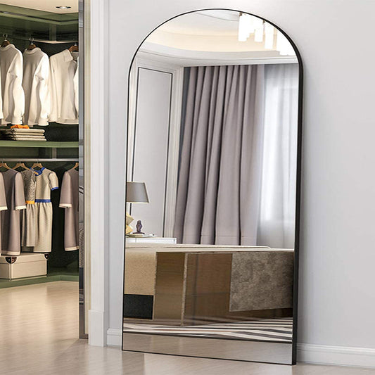 220 CM Modern Arched Wall Mounted Mirror with Metal Frame Curved Arch Large Mirrors Hanging Mirror for Home Hotel Gallery and Entryway Black - Medaid International