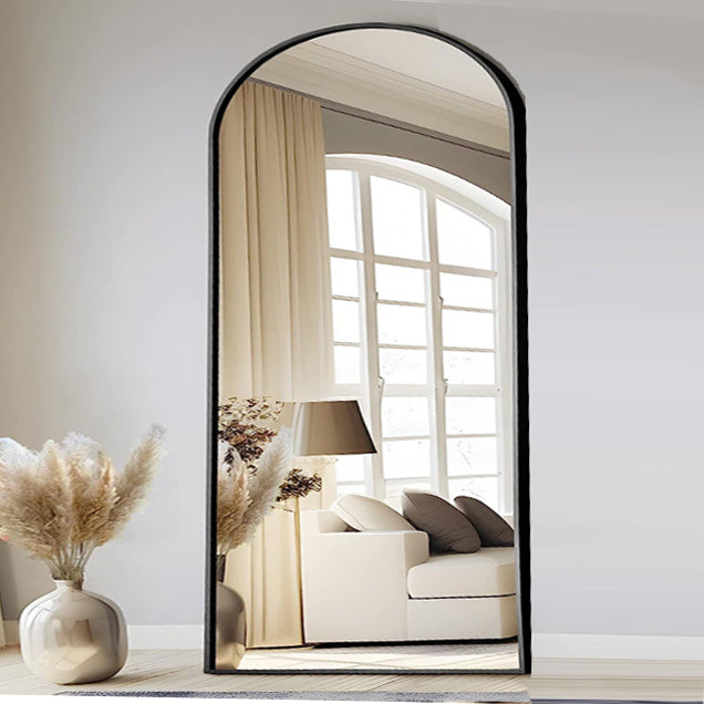 220 CM Modern Arched Wall Mounted Mirror with Metal Frame Curved Arch Large Mirrors Hanging Mirror for Home Hotel Gallery and Entryway Black - Medaid International