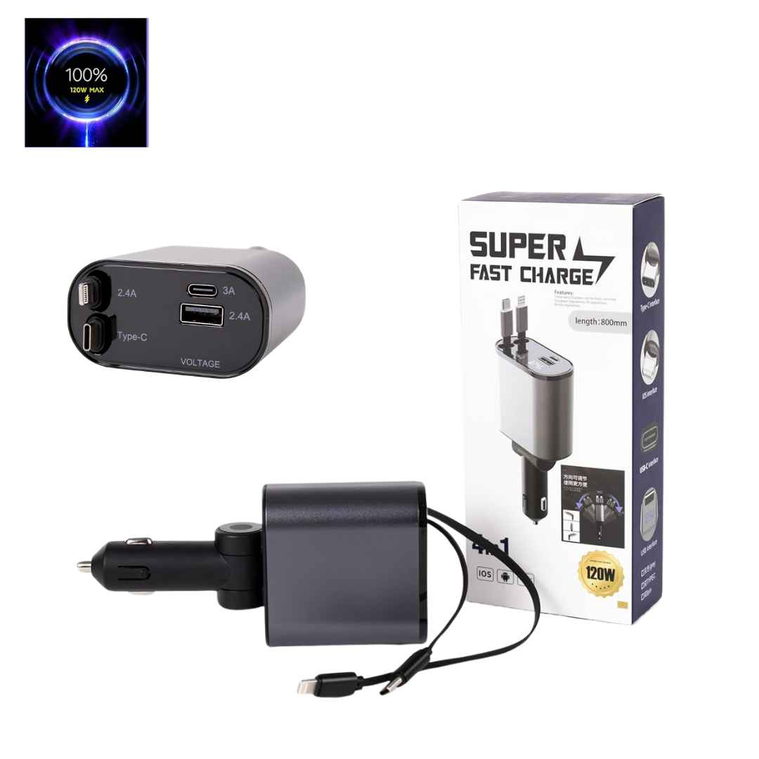 4 in 1 Car Charger 120W Turbo Charge, 4 Ports Fast Charging with Retractable Cables - Medaid International