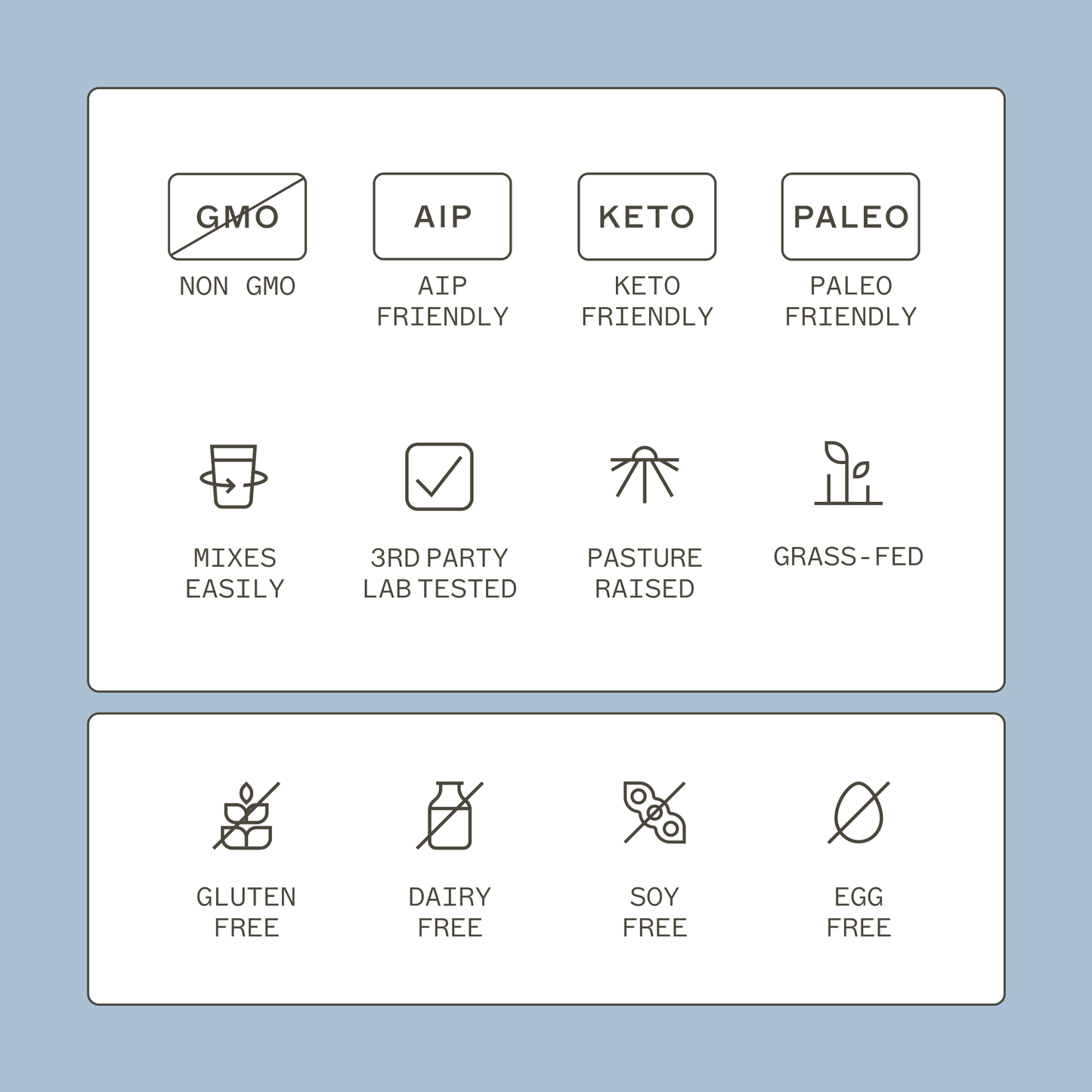 Paleo Protein Vanilla Bean product icons. Non gmo, AIP friendly, keto friendly, paleo friendly, mixes easily, 3rd party lab tested, pasture raised, grass-fed, gluten free, dairy free, soy free, egg free. 