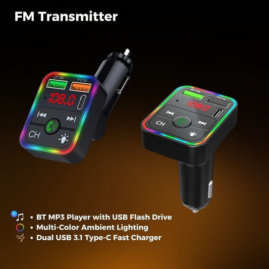 Bleutooth FM Transmitter F2 , MP3 Player with USB Flash Drive, Multi-Color Ambient Lighting, Dual USB 3.1 Type-C Fast Charger, and FM. - Medaid International