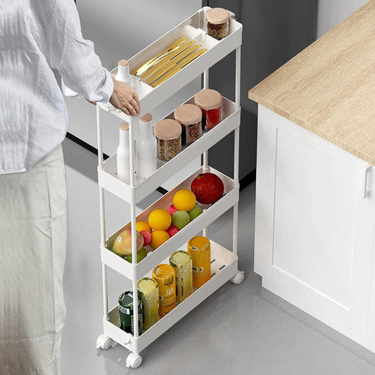 100 CM X 44 CM Rolling Cart Utility Organizer Multifunctional Storage Trolley with Wheels 4 Tier Standing Shelves for Kitchen and Bathroom White - Medaid International