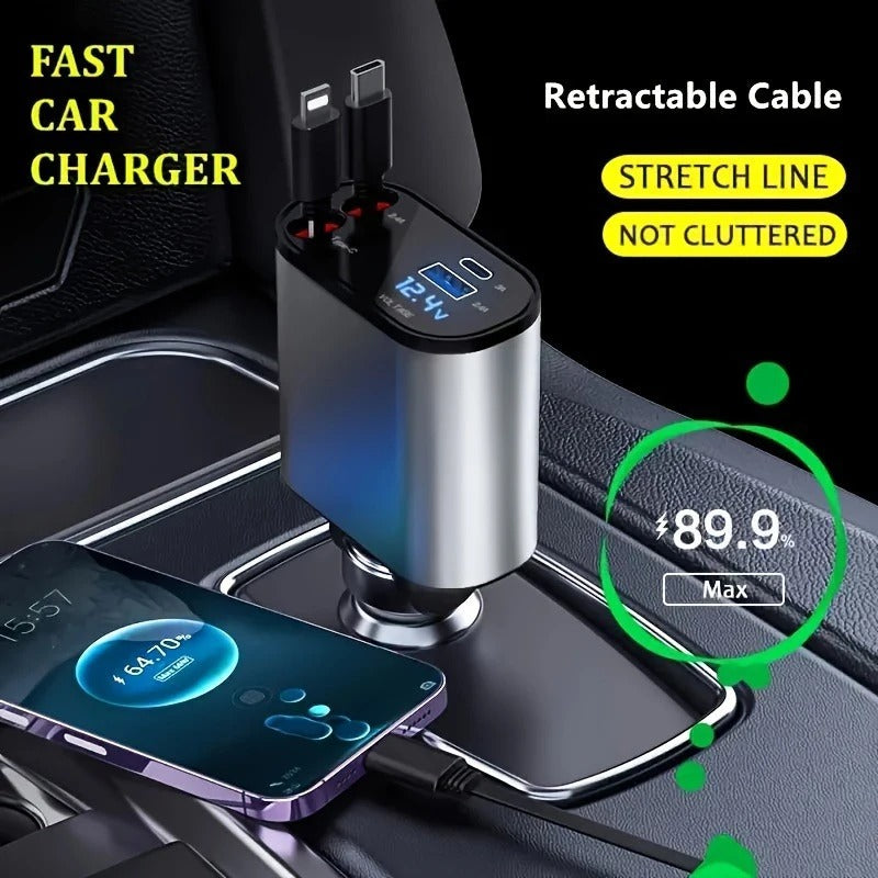 4 in 1 Car Charger 120W Turbo Charge, 4 Ports Fast Charging with Retractable Cables - Medaid International