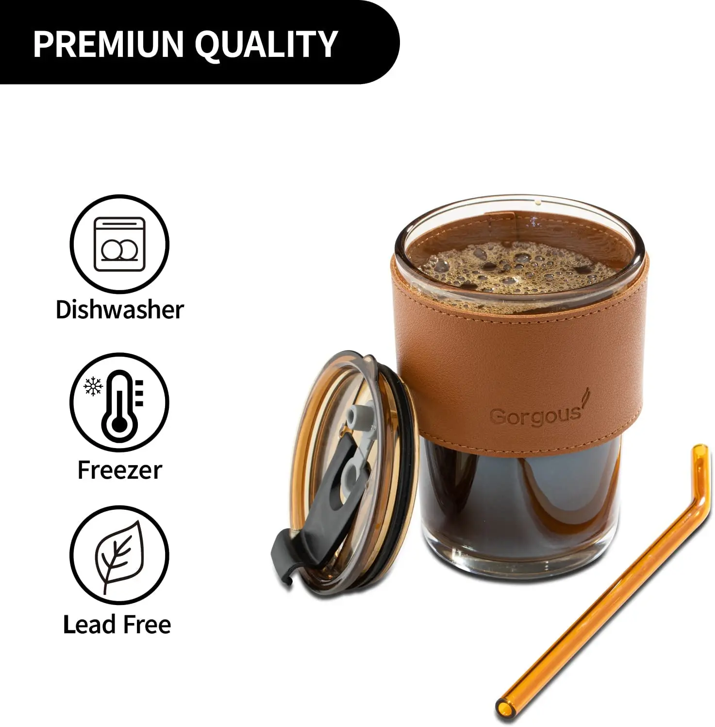 Coffee Mug Glass Tumbler With Silicone Straw and Lid 360 ml, Cup With Leather Sleeve - Medaid International