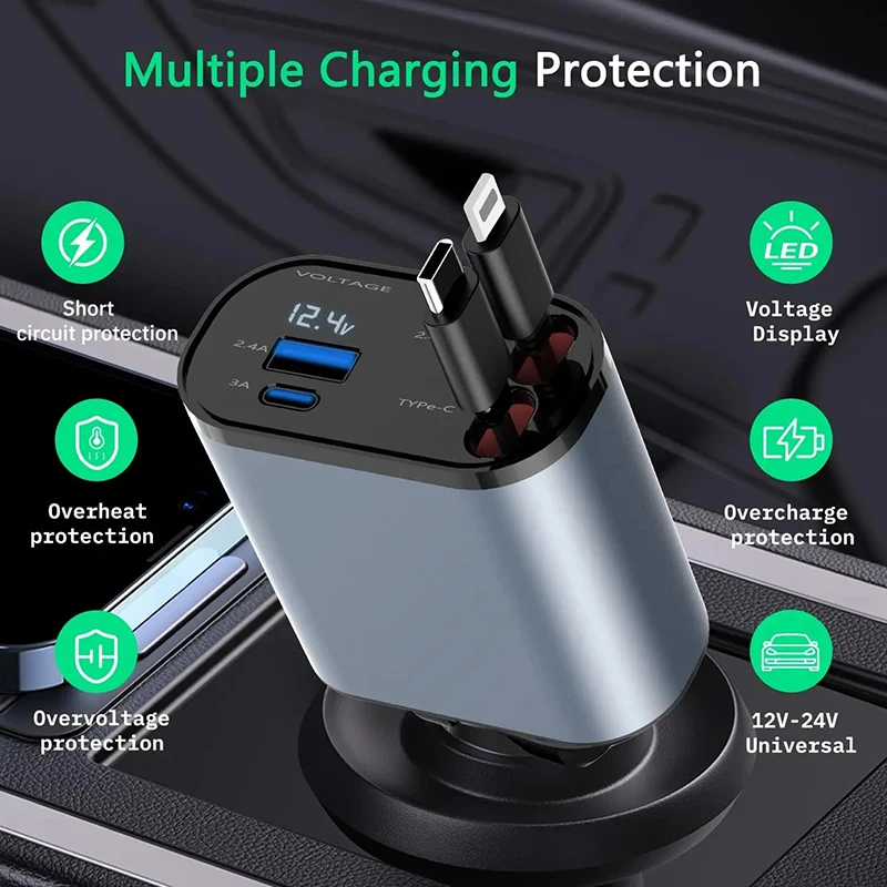4 in 1 Car Charger 120W Turbo Charge, 4 Ports Fast Charging with Retractable Cables - Medaid International