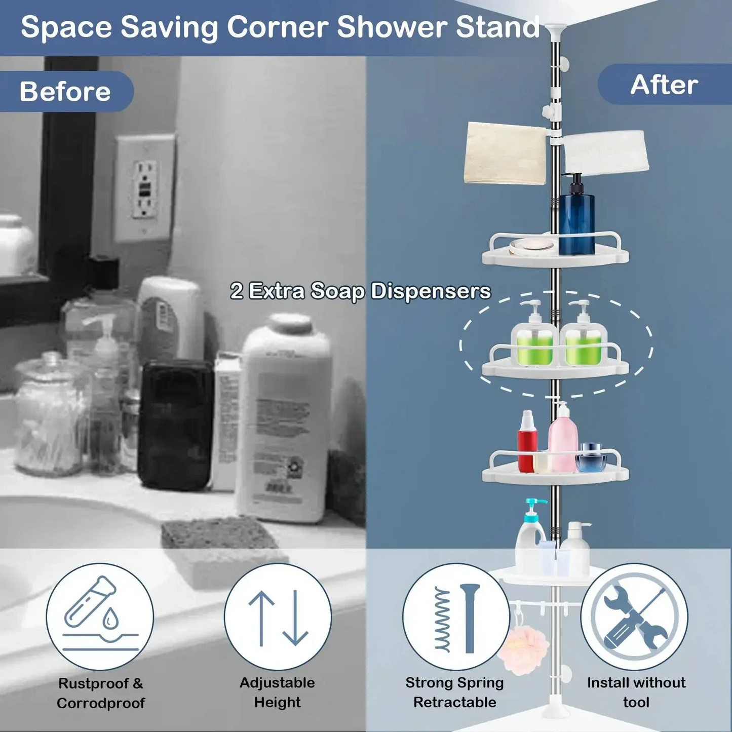 4 Tier Bathroom Corner Shelf with Towel Holder ‚Äì Wall Mounted Storage Rack for Toiletries & Towels - Medaid International
