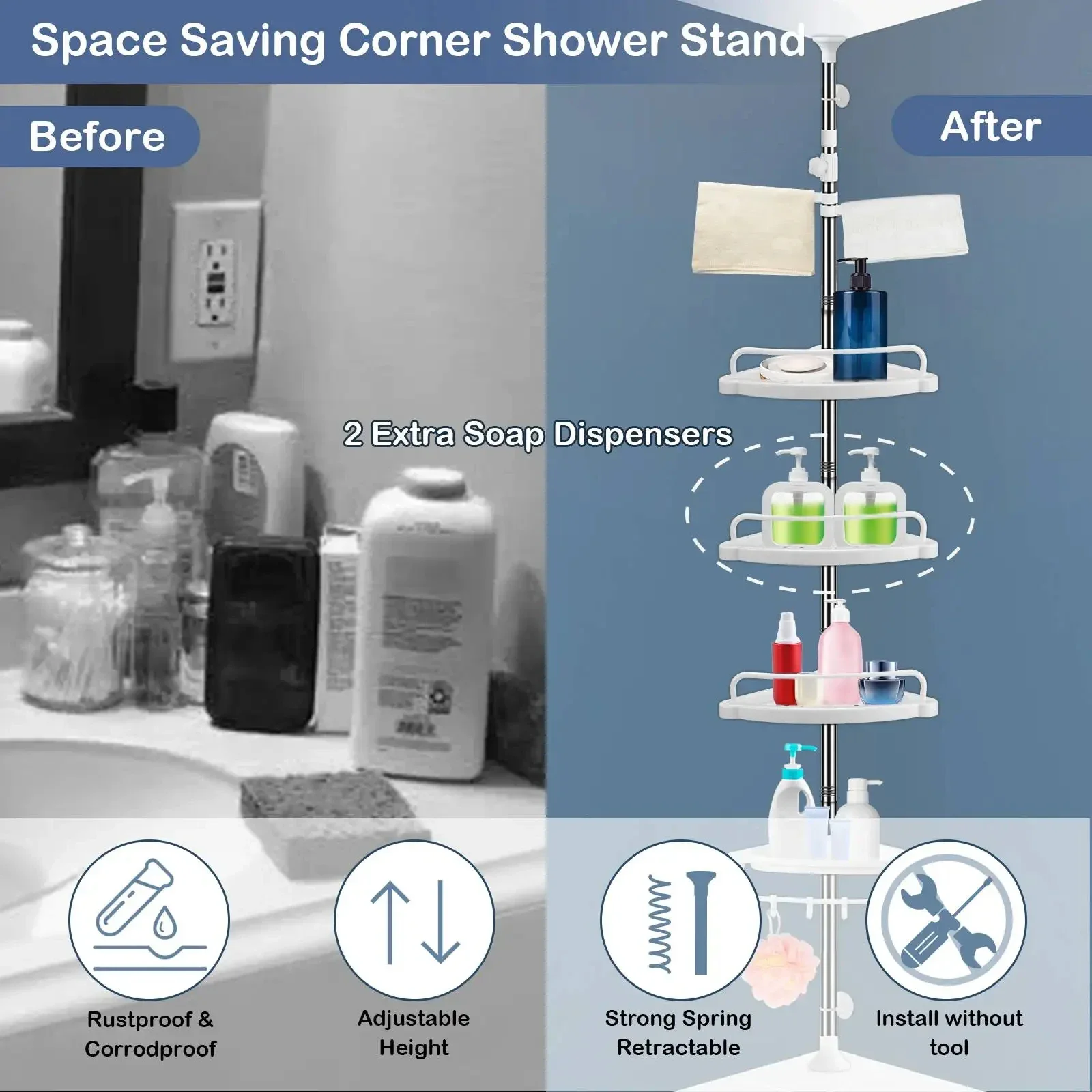 4 Tier Bathroom Corner Shelf with Towel Holder ‚Äì Wall Mounted Storage Rack for Toiletries & Towels - Medaid International