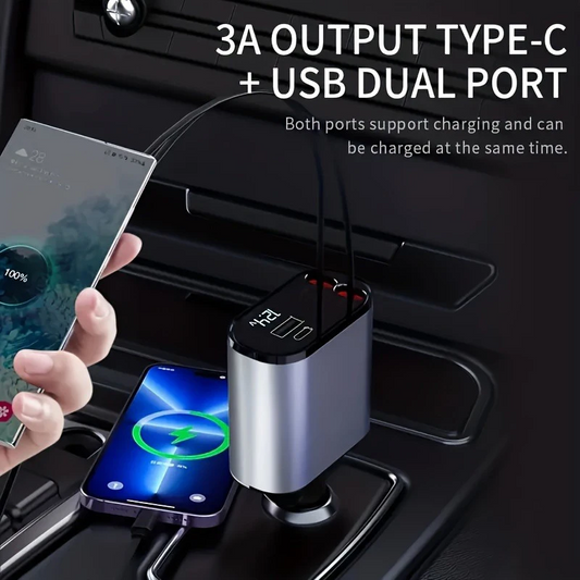 4 in 1 Car Charger 120W Turbo Charge, 4 Ports Fast Charging with Retractable Cables - Medaid International