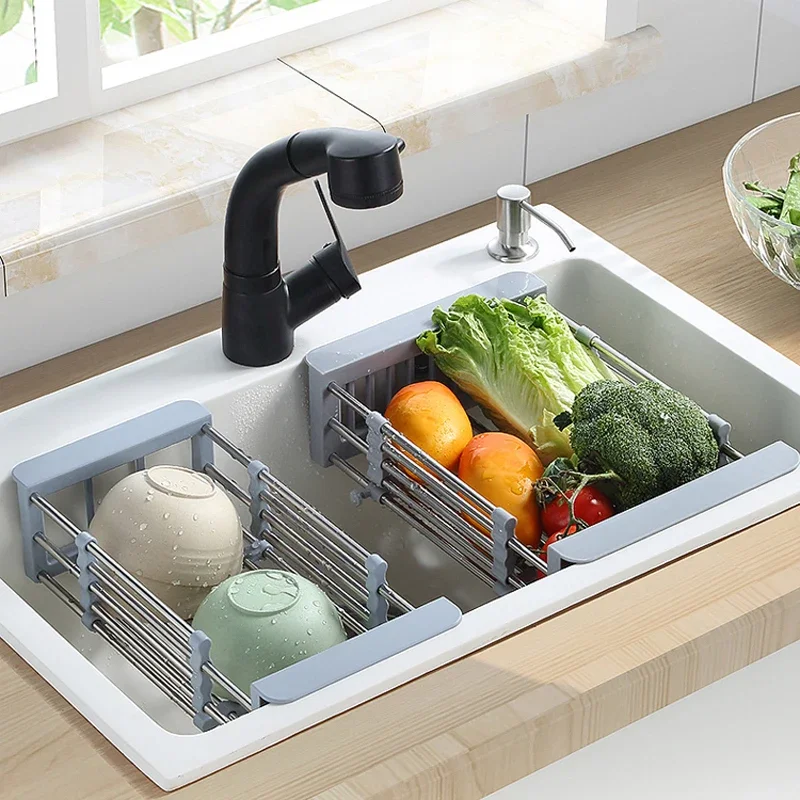 Stainless Steel Expandable Vegetable Basin with Drain Basket Drain Rack 1pc - Medaid International