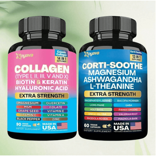 NewShining Serenity Set - Zoyava Collagen & Cortisol All-In-One Multivitamin Combo - Made In USA With Extra Strength Ingredients - Medaid International