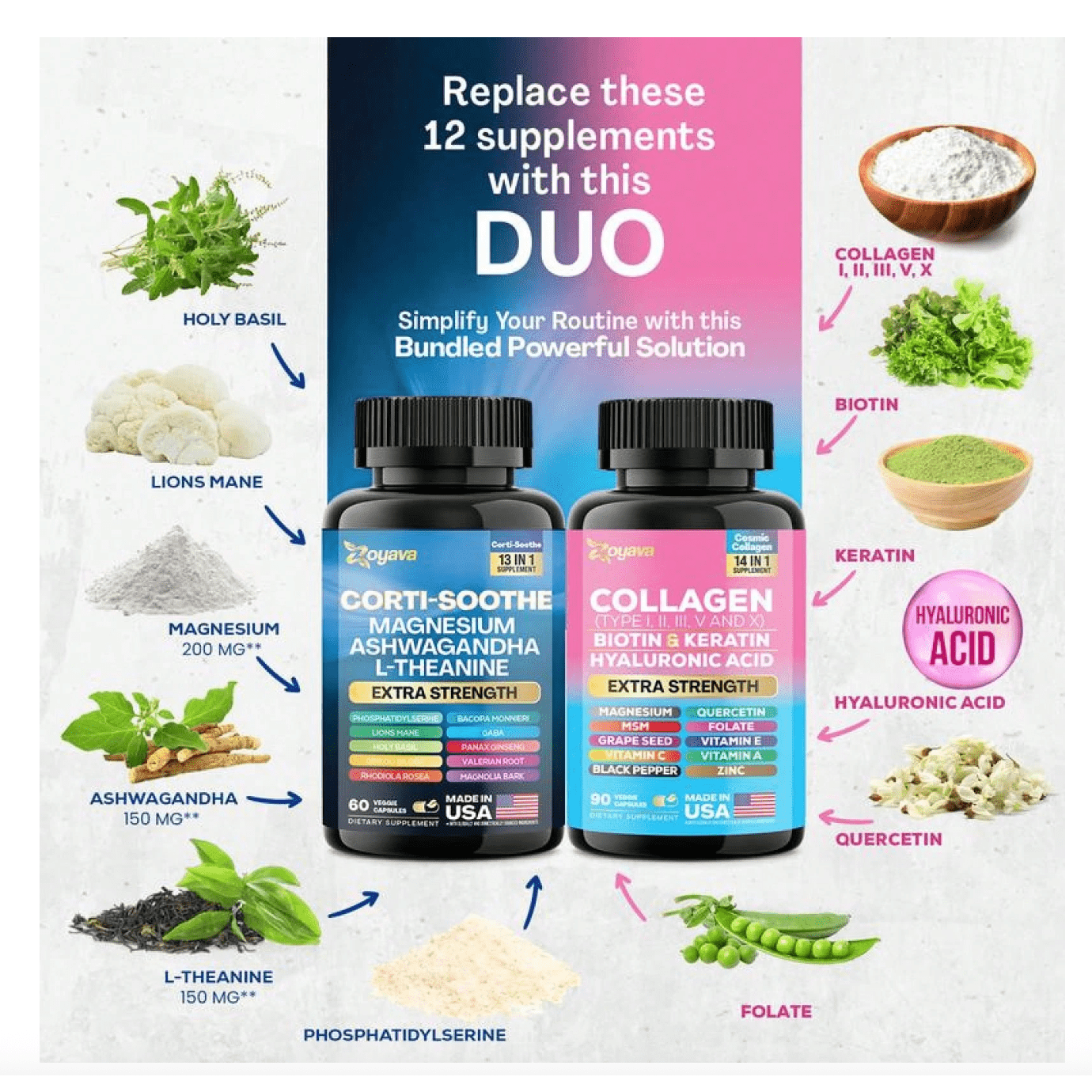 NewShining Serenity Set - Zoyava Collagen & Cortisol All-In-One Multivitamin Combo - Made In USA With Extra Strength Ingredients - Medaid International