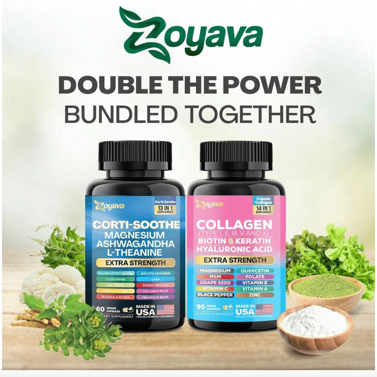 NewShining Serenity Set - Zoyava Collagen & Cortisol All-In-One Multivitamin Combo - Made In USA With Extra Strength Ingredients - Medaid International