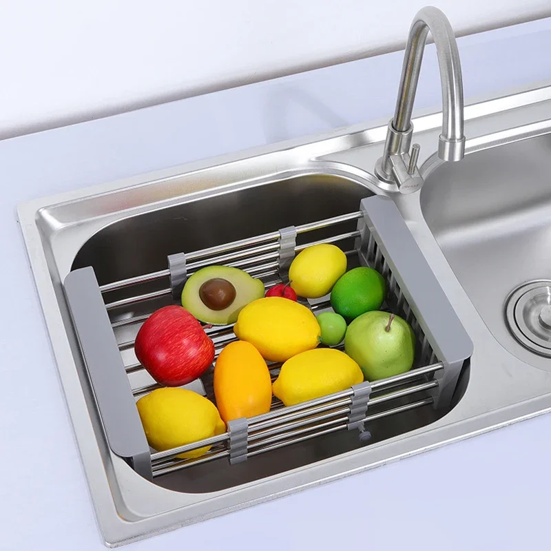 Stainless Steel Expandable Vegetable Basin with Drain Basket Drain Rack 1pc - Medaid International