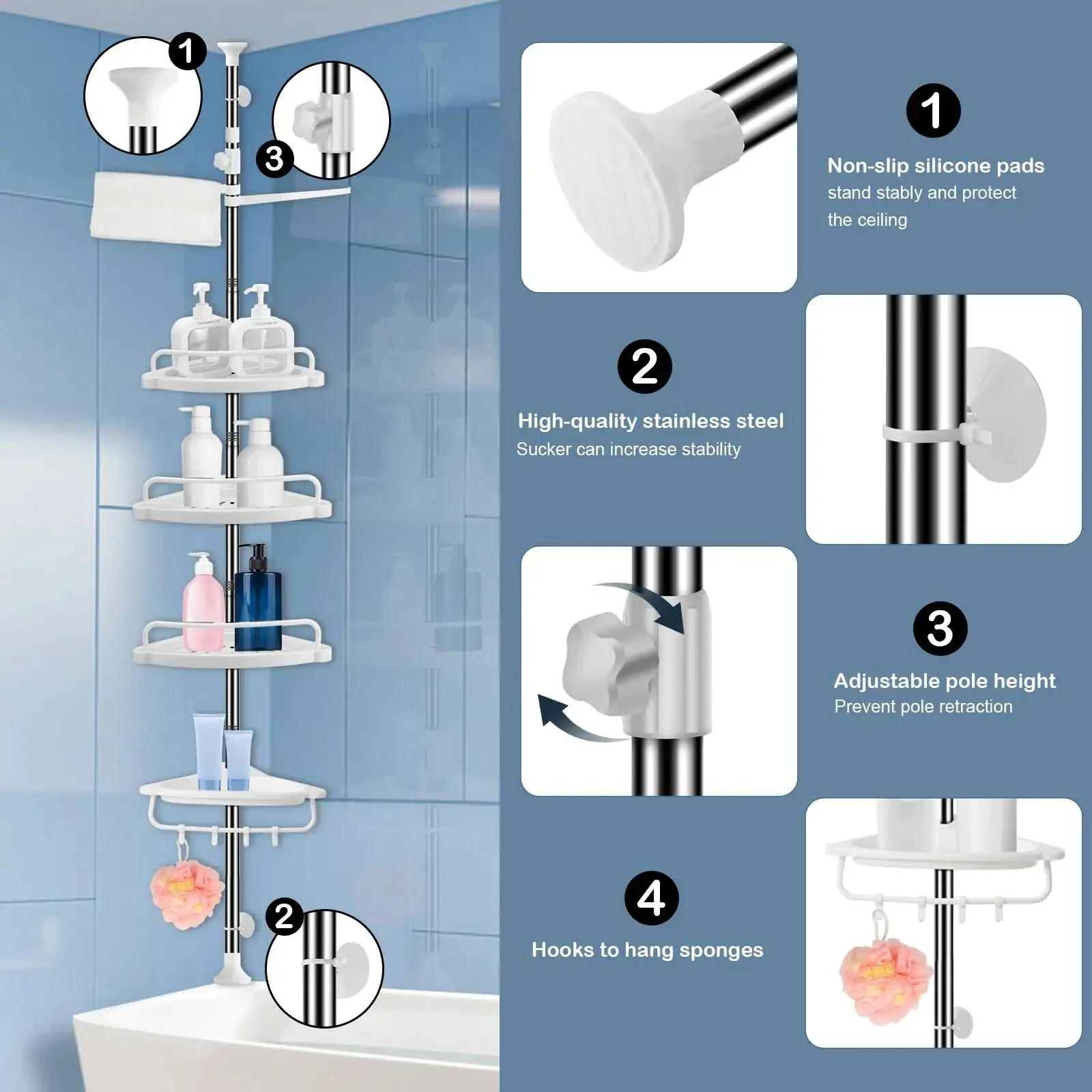 4 Tier Bathroom Corner Shelf with Towel Holder ‚Äì Wall Mounted Storage Rack for Toiletries & Towels - Medaid International