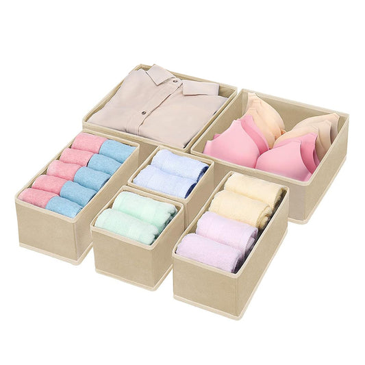 Set of 6 Drawer Storage Box Foldable Wardrobe Organizer Boxes Multipurpose Storage Organizer Bin for Shirts Underwear Ties and Bras Beige - Medaid International