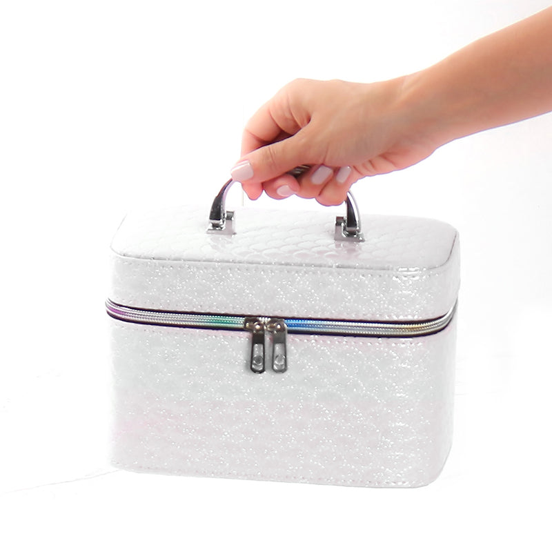 21 CM Waterproof Leather Makeup Storage Box with Double Zipper and Handle Portable Travel Case Organizer with Mirror for Makeup Cosmetics Vanity White - Medaid - Lebanon