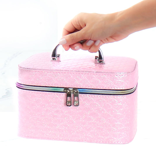 21 CM Waterproof Leather Makeup Storage Box with Double Zipper and Handle Portable Travel Case Organizer with Mirror for Makeup Cosmetics Vanity Pink - Medaid