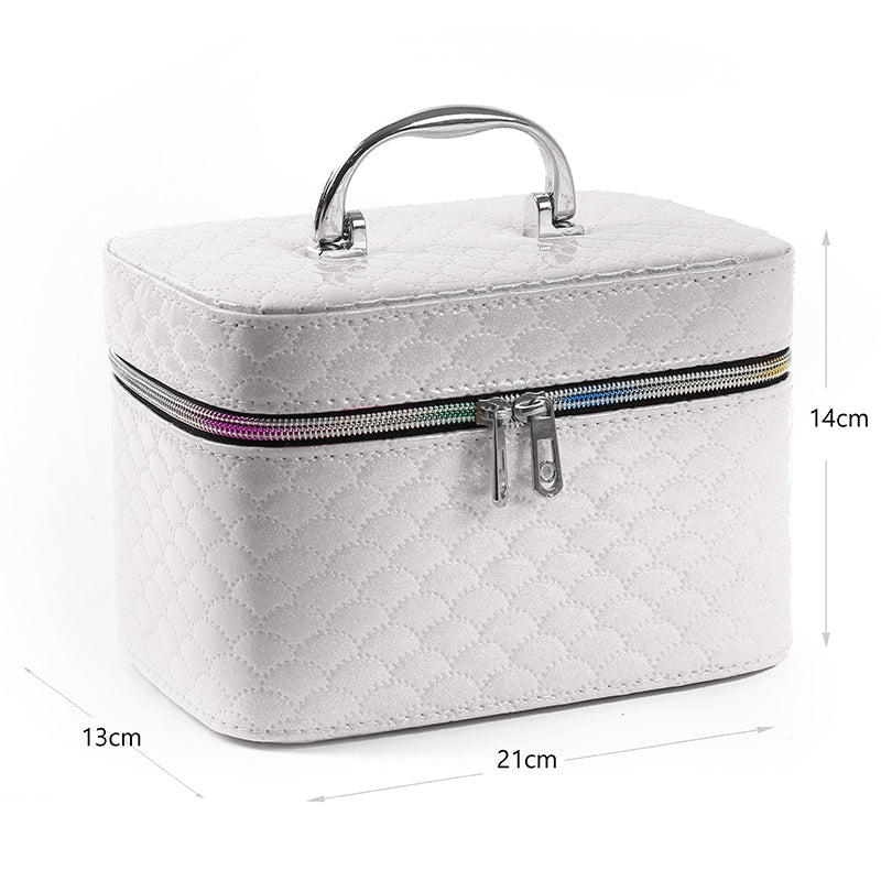 21 CM Waterproof Leather Makeup Storage Box with Double Zipper and Handle Portable Travel Case Organizer with Mirror for Makeup Cosmetics Vanity White - Medaid - Lebanon