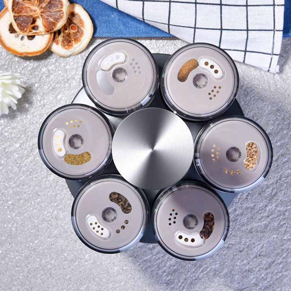 6-Jar Revolving Spice Rack Organizer with Rotating Stand and Salt & Pepper Shakers - Medaid International
