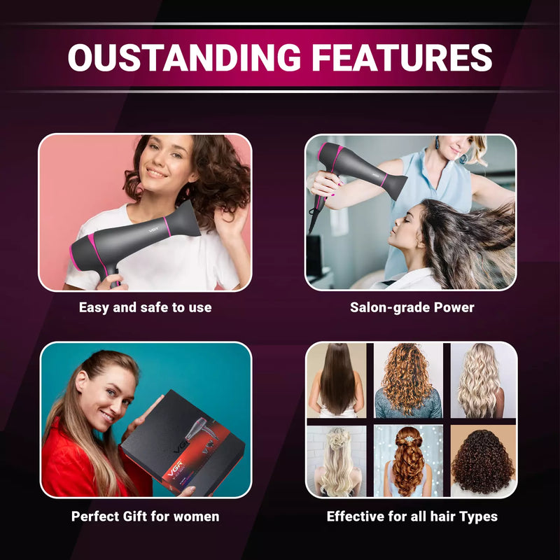 Vgr Professional Hair Dryer V402 - With Diffuser, Gray With Pink 2200W 3 Heating Settings - Medaid International