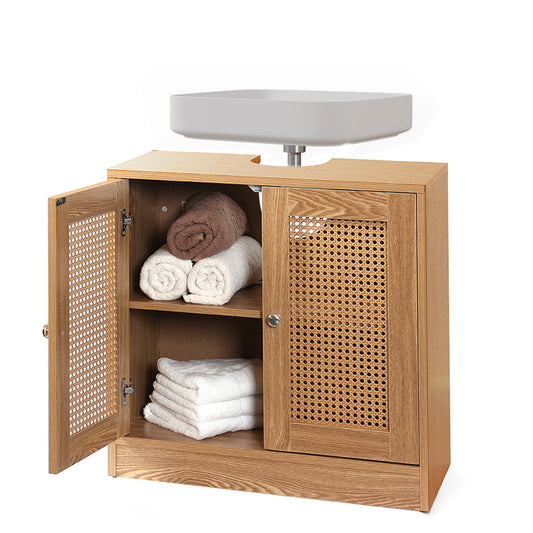 58 CM Waterproof Wooden Bamboo Under Sink Storage Cabinet Wooden Bathroom Sink Cabinet with 2 Rattan Doors Storage and Organizer Bathroom Vanity Beige - Medaid