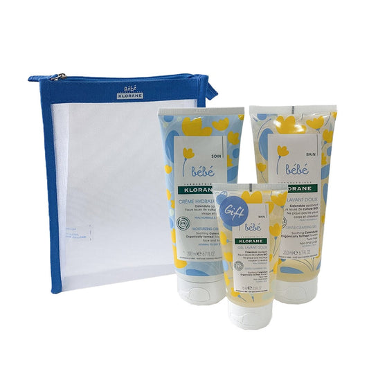 Klorane Baby Care Kit: Gentle Foaming Gel 200ML + Moisturizing Cream 200ML + Gel Lavant 75ML (Gift) + Mini Bag (Gift)