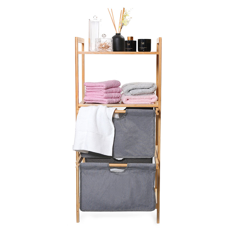 96 CM Wooden Bamboo Laundry Basket Shelves Storage Drawers with Fabric Cloth Removable Baskets 2 Tier Organizer Shelf for Bathroom and Bedroom - Medaid International
