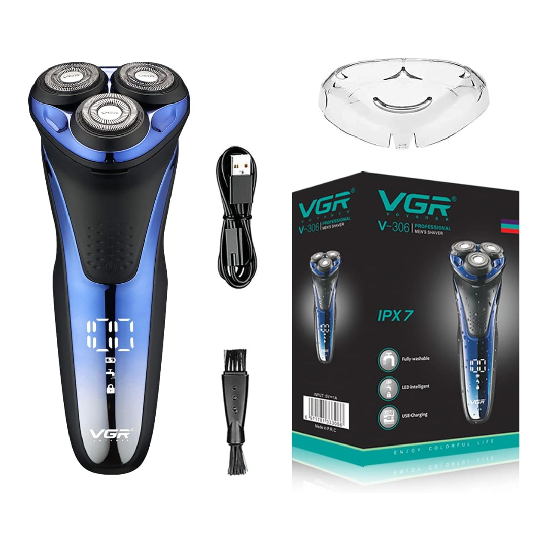 VGR V306 Waterproof Electric Shaver ‚Äì Cordless Rechargeable Rotary Razor with Pop-Up Trimmer, LED Display (Blue) - Medaid International