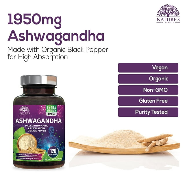 Certified Organic Ashwagandha 1950 MG - Extra Strength Pure Organic Ashwagandha Extract - Made with Root Extract Powder - Medaid - Lebanon