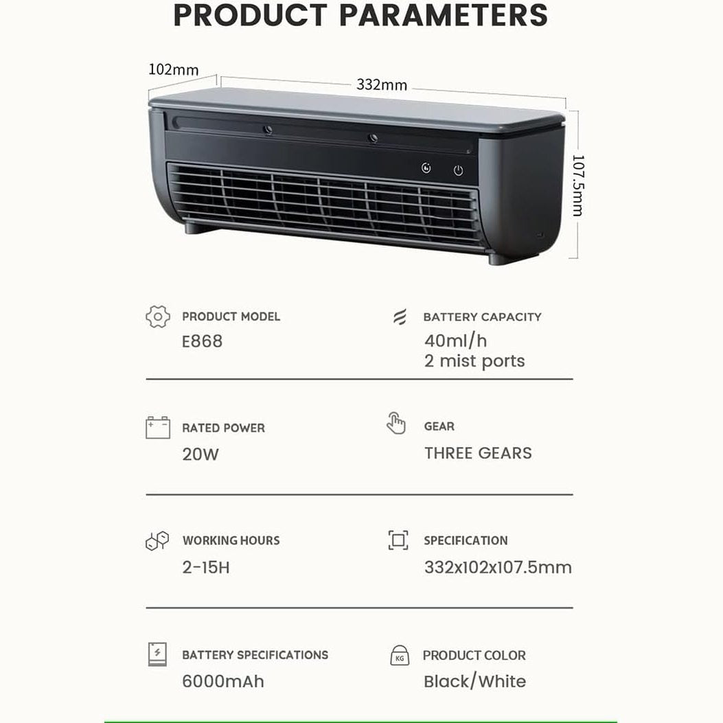 Wireless Wall-Mounted Portable Air Conditioner Fan with Remote – No Drilling, Instant Cooling, Ice Mist & Ionizer (Black)