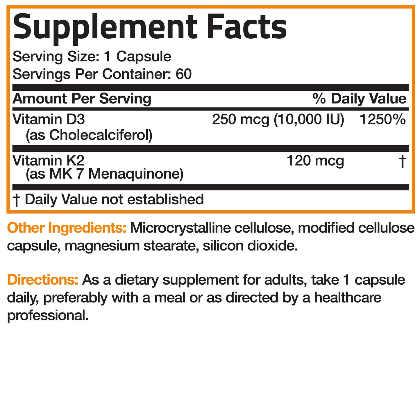 Bronson Vitamin K2 (MK7) with D3 Extra Strength Supplement Bone Health Non-GMO Formula 10,000 IU & 120 mcg MK-7 Easy to Swallow D K, 60 Capsules - Medaid International