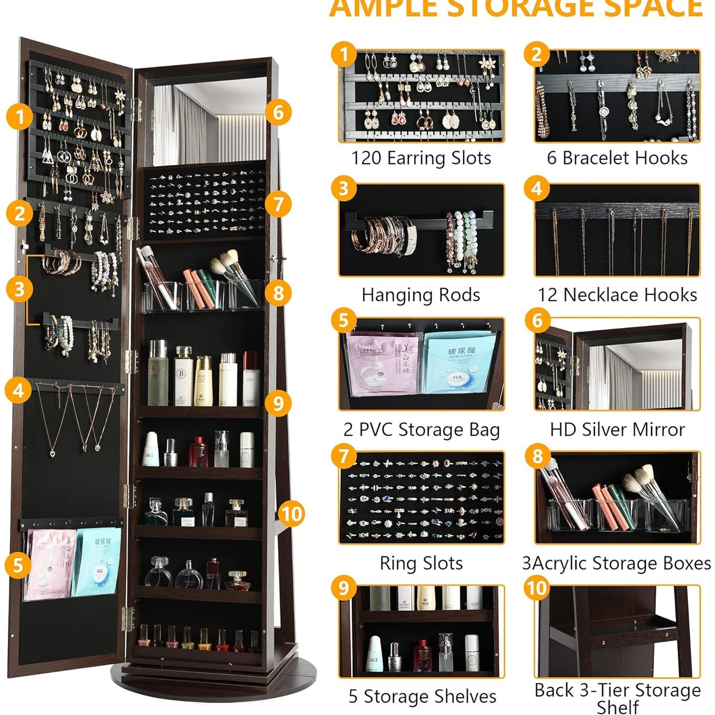 360° Swivel Lockable Jewelry Armoire Mirror