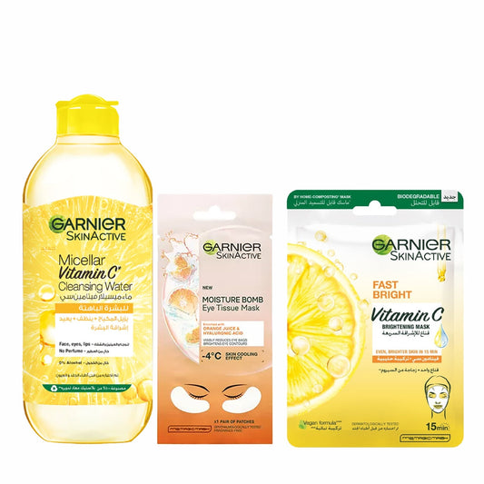 25% OFF Exclusive Garnier Vitamin C micellar water 400 mL+ Fast Bright face Tissue Mask + Hydra bomb eye tissue mask - Medaid