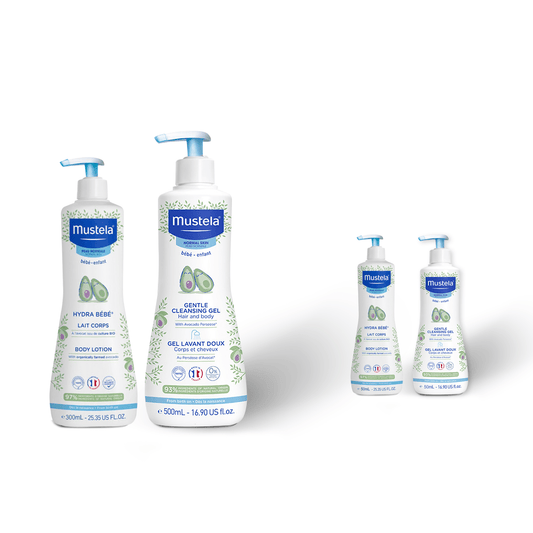 Mustela Bundle Cleansing Gel + Hydra Bebe Body Lotion + 2 Minis For FREE