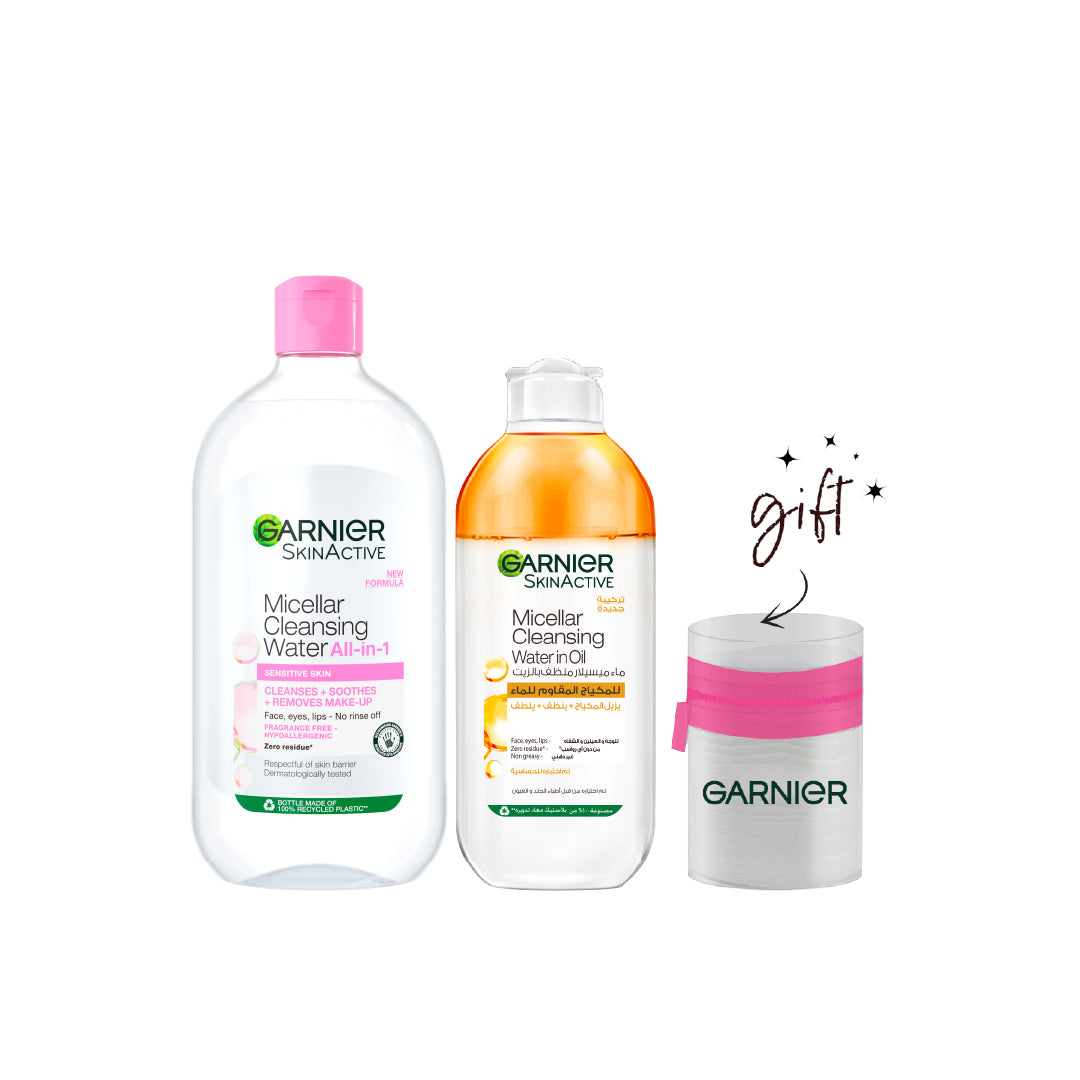 Garnier Micellar Water And Oil Bundle 15% Off + Free Cotton Pouch - Medaid - Lebanon