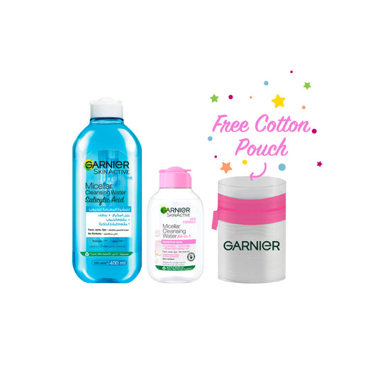 Garnier Micellar Water Bright Complex 400 mL + Micellar Water Makeup Remover 100 mL + Garnier Cotton Pouch FREE - Medaid