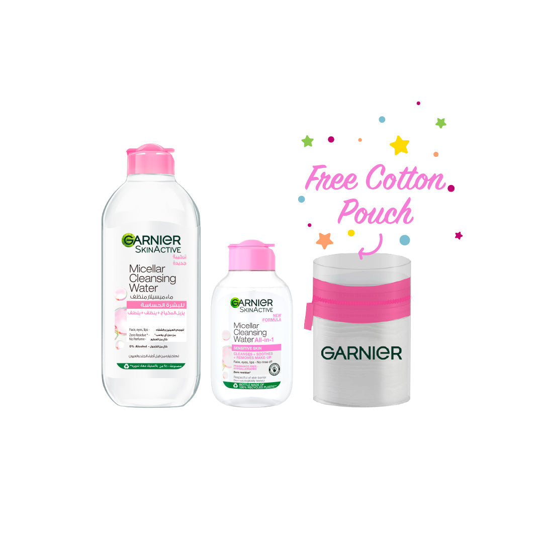 Garnier Micellar Water Makeup Remover 400ml + Garnier Micellar Water Makeup Remover 100 mL + Garnier Cotton Pouch FREE - Medaid