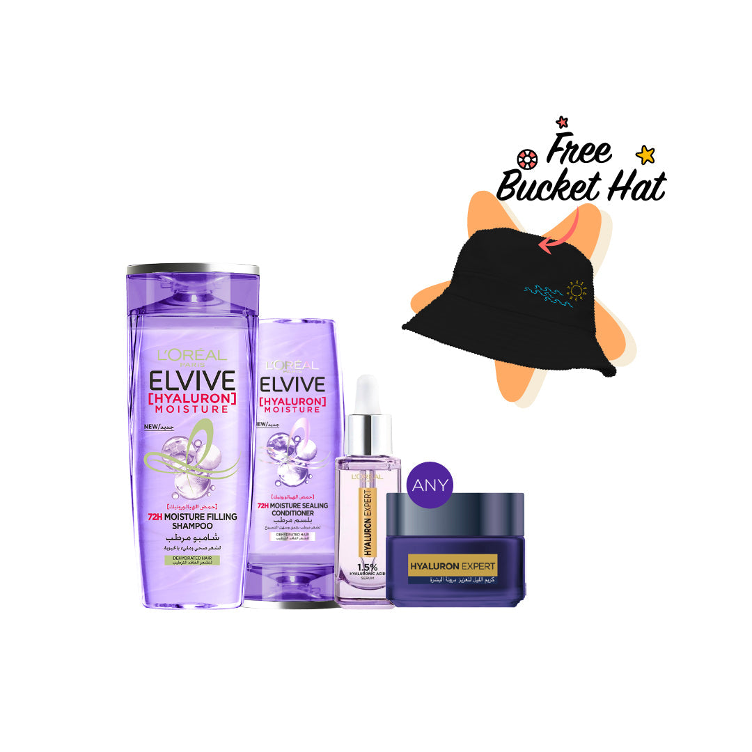 25% OFF Elvive Hyaluron Shampoo 400ML + Elvive Hyaluron Conditioner 200ML +Hyaluron Expert Moisturizer and Anti-Aging Plumping Serum 30 mL + Hyaluron Day OR Night Cream + FREE Bucket Hat - Medaid