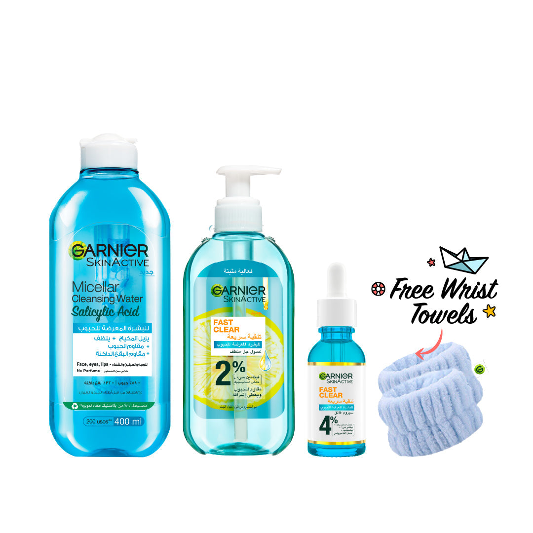 Garnier Fast Clear Serum & Micellar Water & Gel Wash & FREE Blue Wrist Band - Medaid