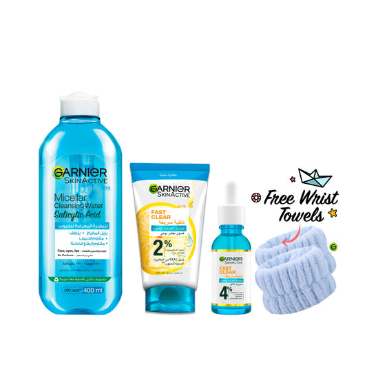 Garnier Fast Clear Serum & Micellar Water & Exfoliating Wash & FREE Blue Wrist Band - Medaid