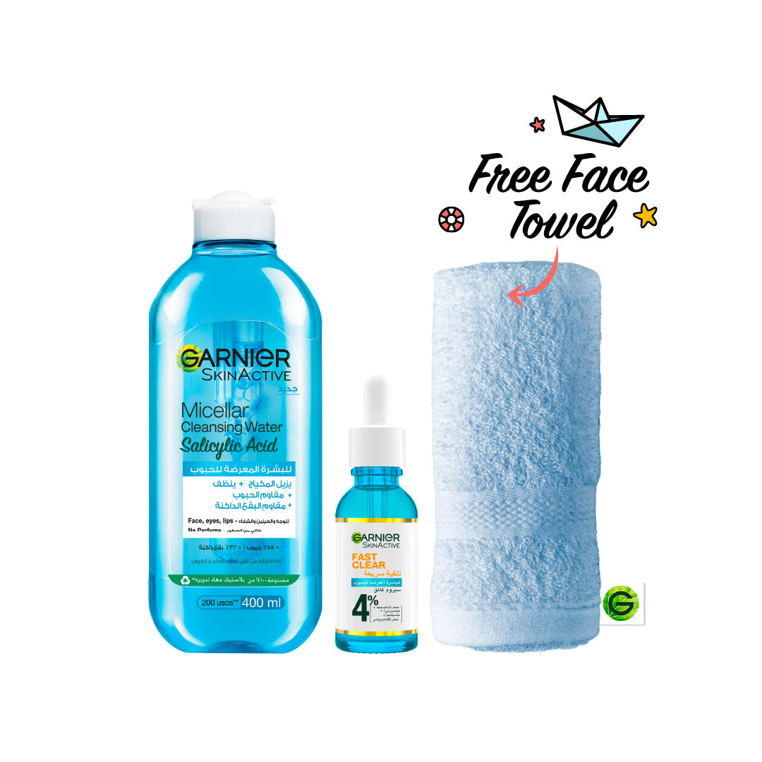 Garnier Fast Clear Serum & Micellar Water Facial & FREE Blue Face Towels - Medaid