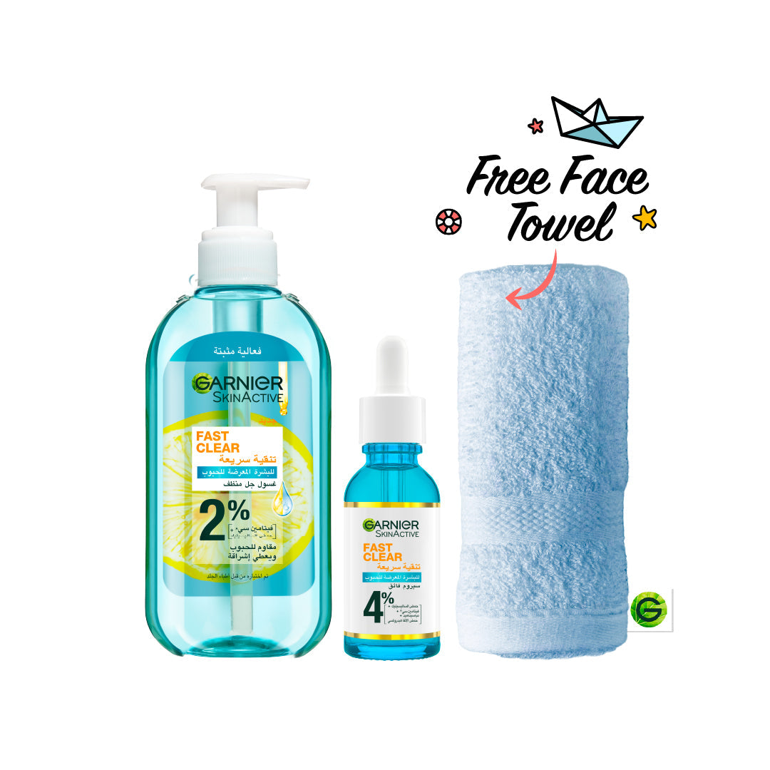 Garnier Fast Clear Serum & Gel Wash & FREE Blue Face Towels - Medaid