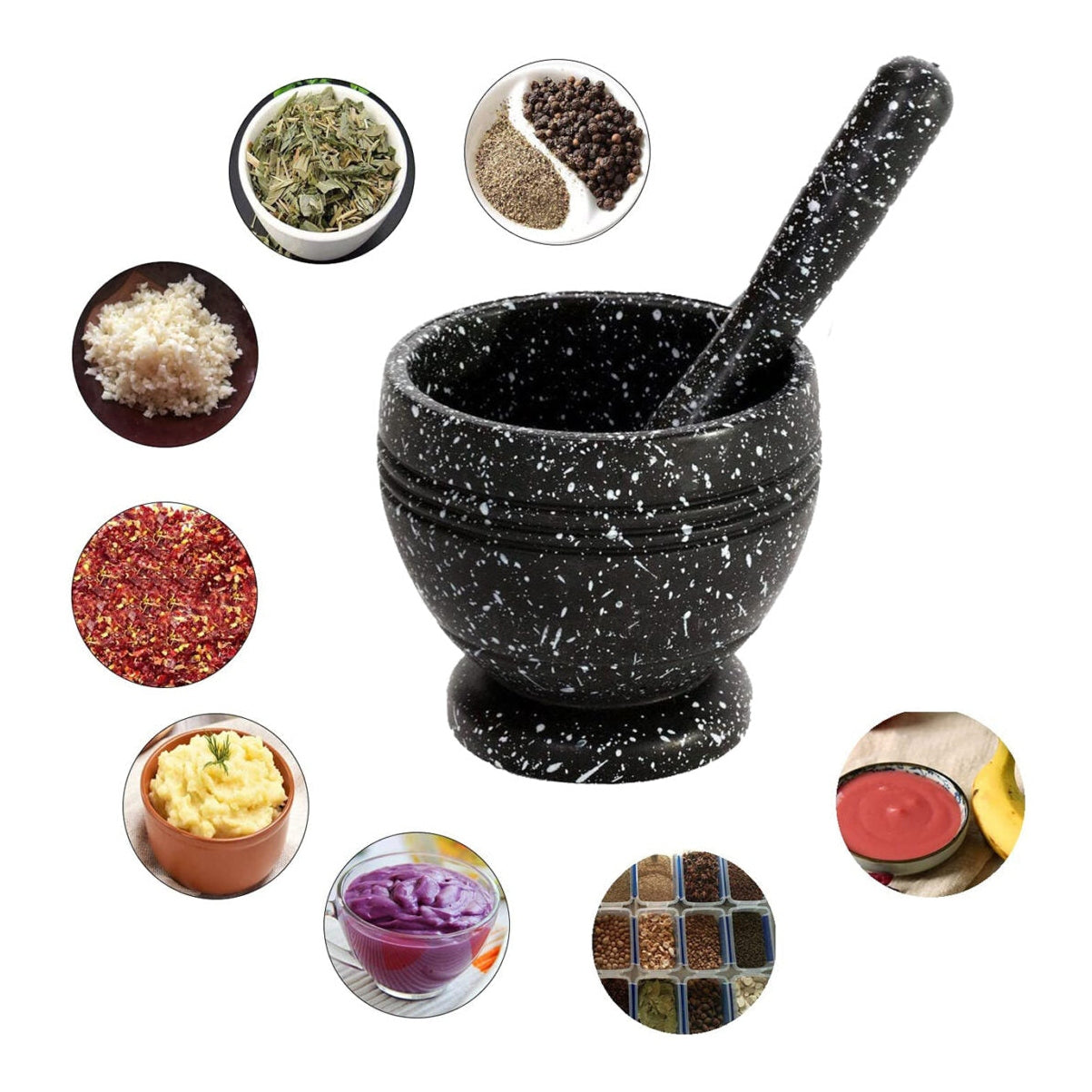 Hand Mortar and Pestle Set, Solid Grinder Bowl Holder with White Dots for Herbs, Spices, Garlic, Medicine - Medaid